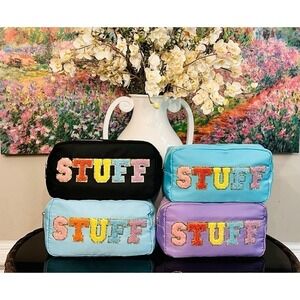 Adorable baby blue accessories pouch w/ colorful “STUFF” letter patches